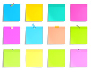 Colorful sticky notes arranged in rows with tape, clips on a white background