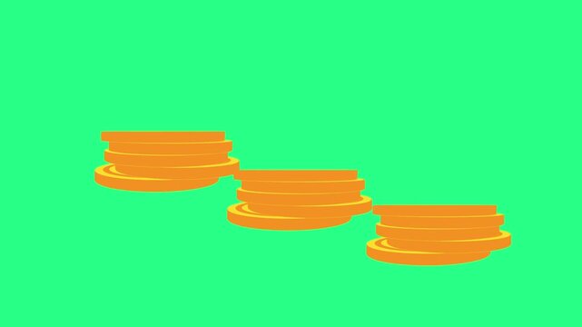 Three orange-gold coin stacks on a bright green background, arranged diagonally in a simple graphic, video loops, green screen, 4k, footage, 4k footage, videos, video clip, slow motion