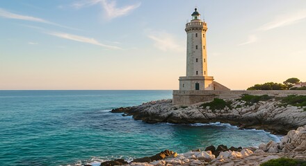 Coastal scene featuring a tall, white lighthouse atop a rocky outcropping, next to turquoise water