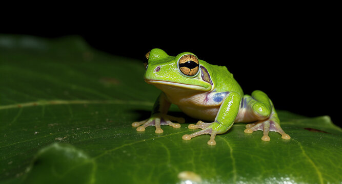 A vibrant green tree frog sits perched on a lush green leaf against a dark background, showcasing its natural camouflage and highlighting its unique amphibian features - Powered by Adobe