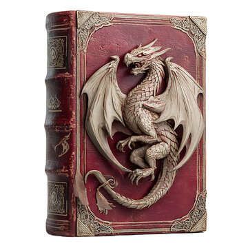 Antique red leather book with ornate dragon bas relief and gold trim.