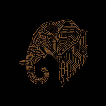 Stylized elephant head rendered with intricate golden circuit board patterns on a dark background, blending nature and technology.