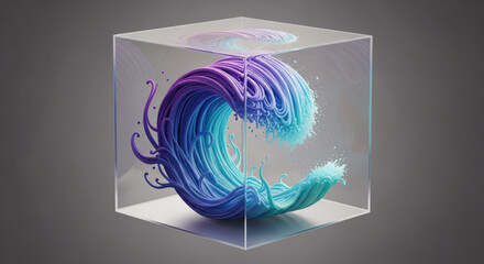 A captivating 3d render showcases a vibrant, swirling wave of blue and purple hues encapsulated within a transparent cube, set against a soft gray backdrop, exuding modern artistry