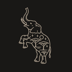 Fototapeta premium An elegant line art illustration of an elephant with a landscape inside its body.