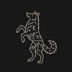 Fototapeta premium Stylized illustration of a wolf standing on its hind legs, filled with a celestial landscape of mountains, stars, and a crescent moon.
