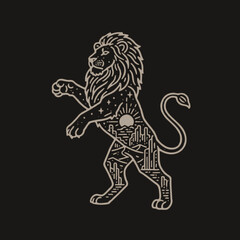 Fototapeta premium Stylized line art illustration of a rampant lion with a desert, city skyline, and starry sky integrated into its body, on a dark background.