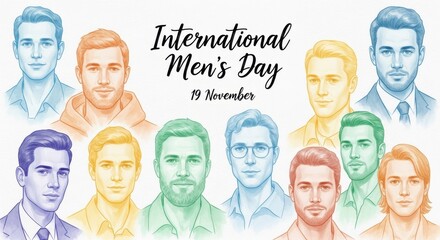 International mens day celebration with diverse portraits of men in watercolor style