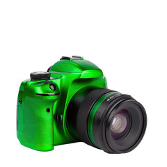 Shiny Green DSLR Camera with Black Lens Isolated on Transparent Background Ready for Product Photography