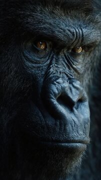 Gloomy serious looking gorilla monkey on black background. African wildlife concept