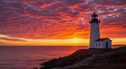 Fototapeta premium Coastal scene. Lighthouse on rocky promontory, bathed in fiery sunset. Calm water, dramatic clouds