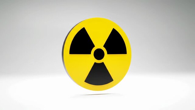 A radioactive hazard symbol is rendered in 3D, featuring yellow and black set against a clean white backdrop. The design is minimalist and striking, conveying a sense of caution.