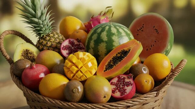 Assortment of fresh fruits in woven basket for healthy eating and nutrition