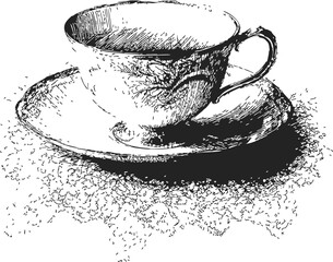 Teacup and saucer, hand drawn sketch line art, vintage porcelain with handle &mdash; stock vector