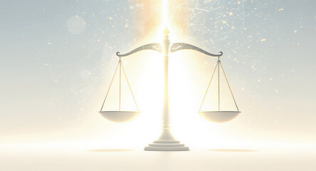 Scales of justice with a bright light shining down, symbolizing fairness, equality, and the pursuit of truth, set against a soft, ethereal background with bokeh effect