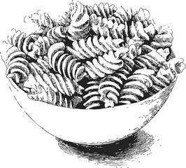 Fusilli pasta in bowl sketch, hand drawn line art food illustration &mdash; stock vector
