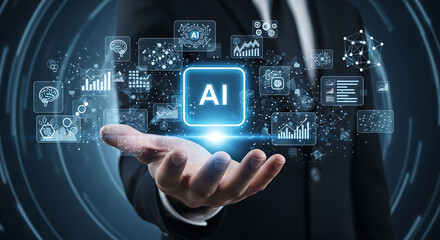 Businessman s hand presents glowing ai interface with futuristic digital icons and data visualizations