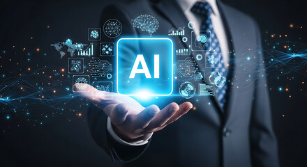 Businessman holding glowing ai interface with digital data streams and futuristic technology
