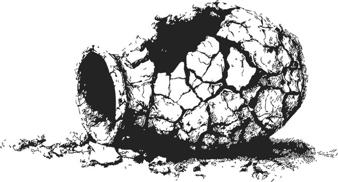 Broken clay pot sketch, hand drawn line art with scattered fragments &mdash; stock vector