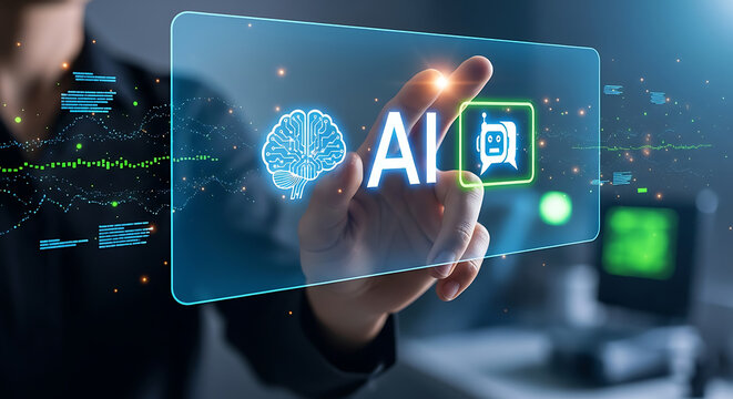 Person s finger interacting with a futuristic ai interface displaying brain and certification icons