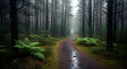 Obraz premium A dramatic forest view under heavy clouds with wet ground and a moody, atmospheric lighting.
