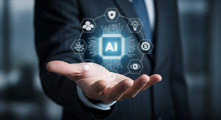 Futuristic ai technology concept displayed on a person s open palm with digital icons