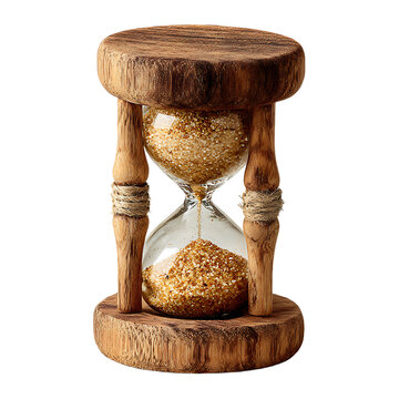 Rustic wooden hourglass with flowing golden sand against a. symbolizing tim