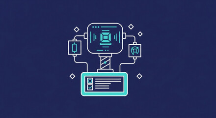 Abstract illustration of a futuristic machine with glowing lights and intricate details on a dark blue background