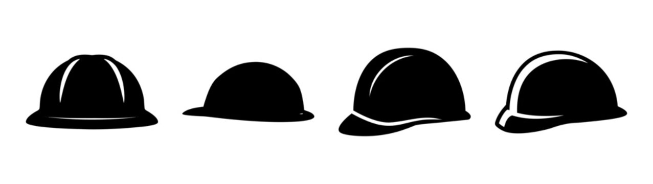Collection of four black hard hats in various poses for construction and safety