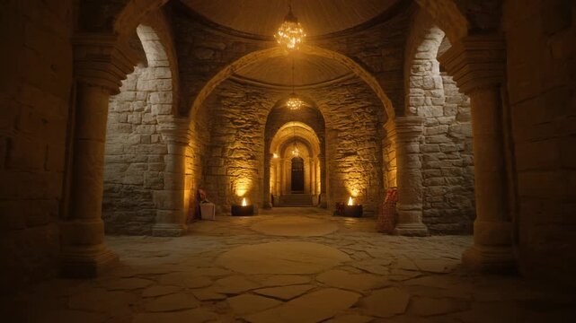 A long, arched stone corridor or crypt illuminated by warm golden lights, creating a mysterious atmosphere.