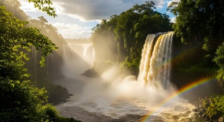 A beautiful multi-tier waterfall cascading through dense green forest, creating a refreshing natural scene.