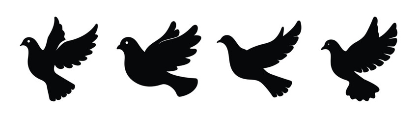 Obraz premium Four silhouetted peace doves flying in sequence simple black shapes iconic symbolism