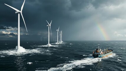 A vast, dark blue sea hosts a series of turbines under a cloudy sky, with a colorful rainbow and a ship traversing the water.