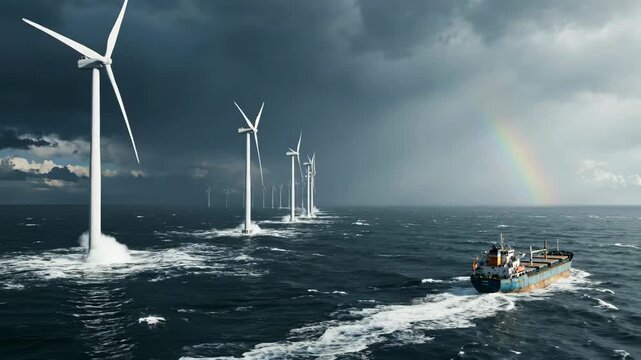 A vast, dark blue sea hosts a series of turbines under a cloudy sky, with a colorful rainbow and a ship traversing the water.