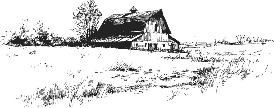 Barn sketch hand drawn rural landscape with old wooden barn and field &mdash; stock vector