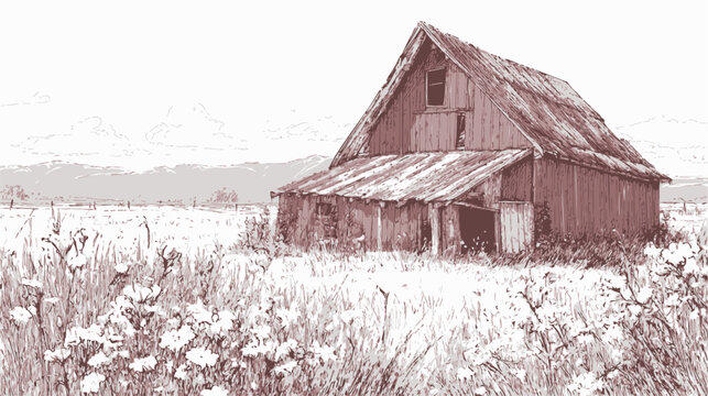 Old barn sketch, hand drawn rural landscape with wildflowers and field &mdash; stock vector