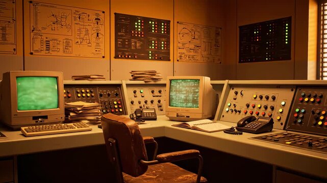 A vintage computer room featuring green screen monitors, control panels, and an old leather chair. Soft lighting accentuates the obsolete technology and classic interior.