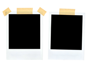 Two empty instant photo frames taped to black
