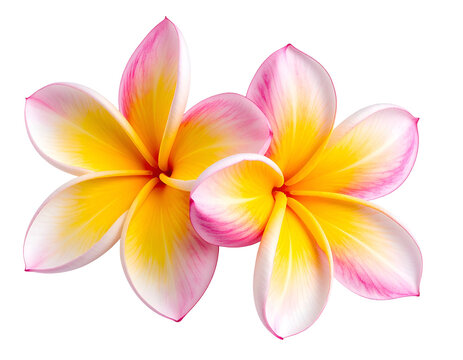 Two delicate, vibrant tropical blossoms overlap on black