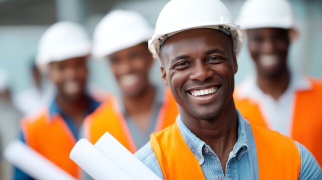 Dynamic Construction Leadership Team Inspiring Success with Blueprints on Infrastructure Site - Project Management Concept with Copy Space