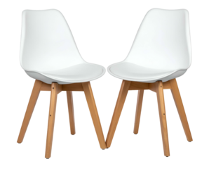 Two modern white chairs with natural wood legs on black