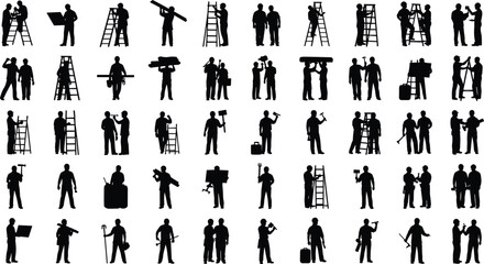 Construction worker silhouettes collection with ladders, tools, teamwork poses, builders working with equipment, contractor illustration set for industry design © Sabbir's World
