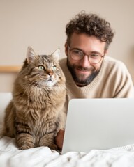 Young man working from home with cat, dog, Content Man Working on Laptop with Curious Pet Cat, Candid Beige Tone Home Office Scene