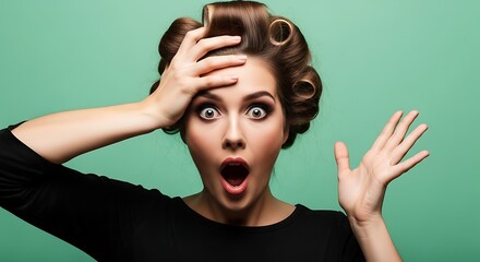 Woman with hair rollers expressing shock and surprise against a vibrant teal colored background