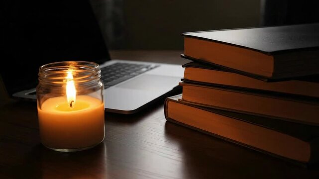 Cozy study scene with candle laptop and books.