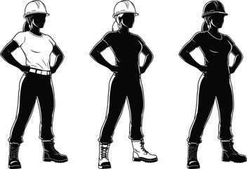 Female construction worker silhouette set wearing hard hat and safety boots, standing confidently in uniform, industrial labor illustration for engineering design
