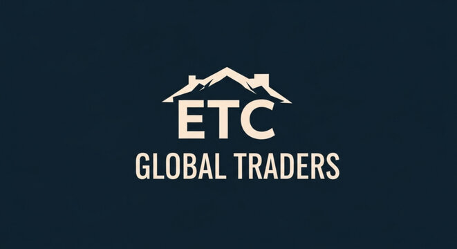 Etc global traders logo with a mountain peak roof, suitable for real estate or construction companies, conveying stability and reliability on dark backdrop