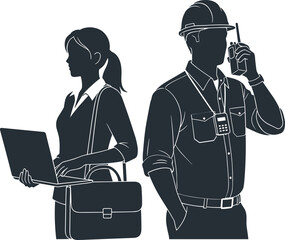 Silhouette businesswoman using laptop alongside engineer with radio communication device, professional teamwork illustration, industry workforce collaboration concept