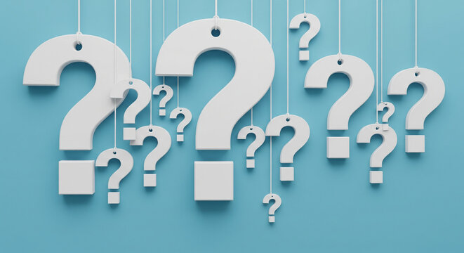 A composition of white question marks hanging against a light blue background, symbolizing inquiry and curiosity. - Powered by Adobe