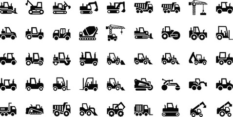 Silhouette construction machinery icons set with excavators, cranes, dump trucks, forklifts, tractors, loaders and industrial vehicles for building, engineering and heavy equipment design