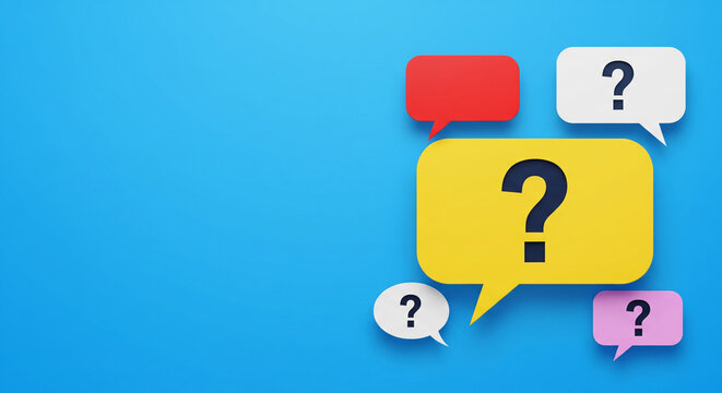 Colorful speech bubbles with question marks on a blue background, symbolizing inquiry and communication.
